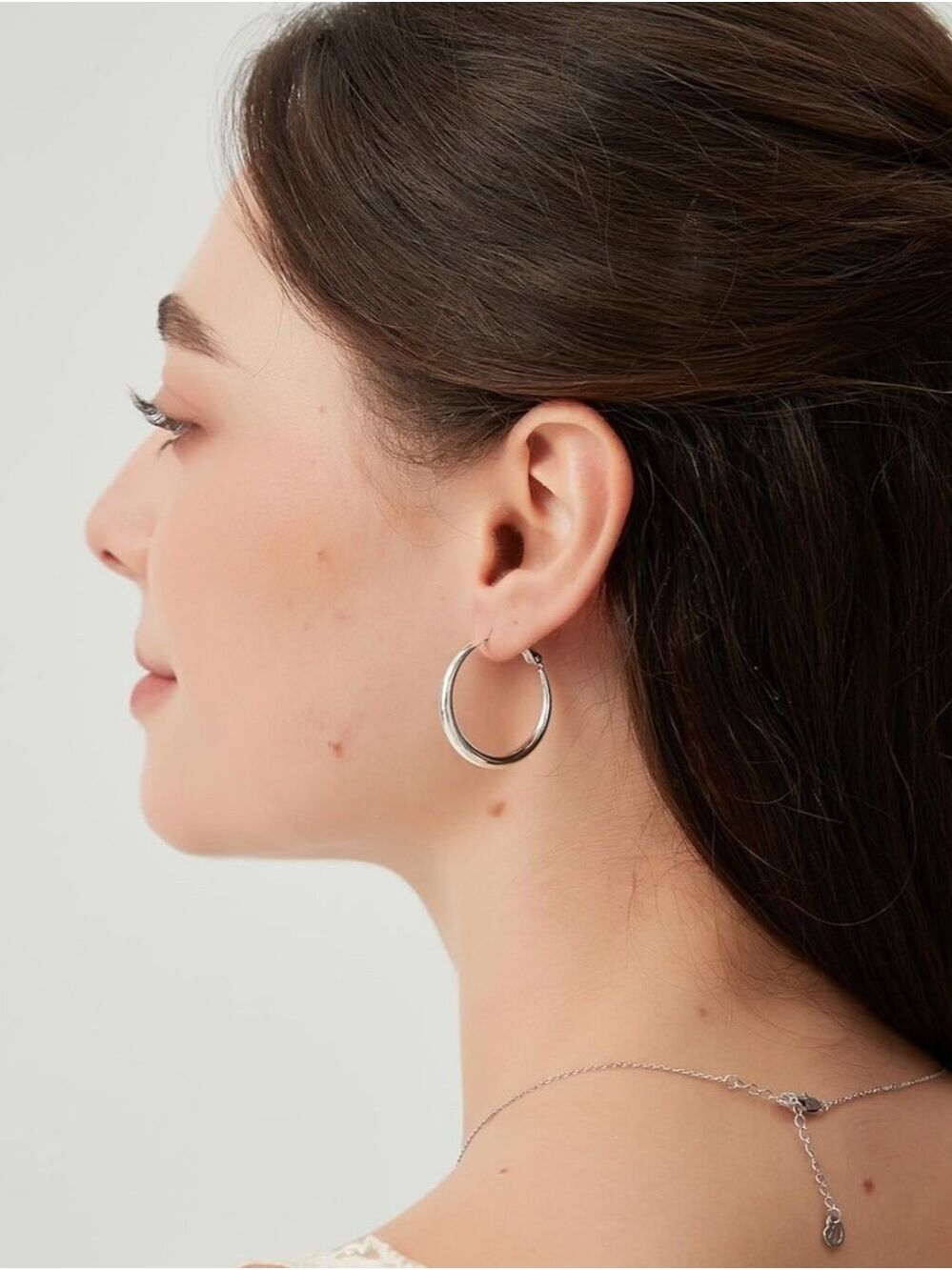18K Gold & 925 Sterling Silver Plated Flat Tube Large Silver Hoop Earrings - Picture 2 of 4